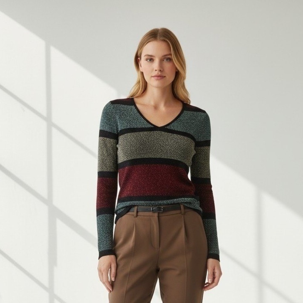 Venus Womens Metallic Lurex Striped V-Neck Sweater‎ Teal Burgundy Gold XL